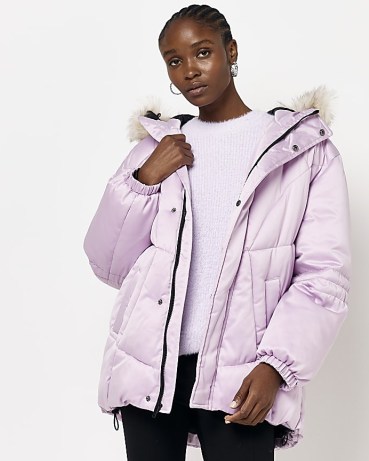 RIVER ISLAND PINK FAUX FUR HOODED PUFFER JACKET ~ women’s quilted zip front winter jackets - flipped