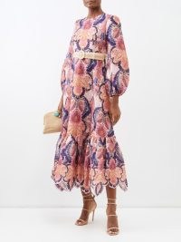 ZIMMERMANN Laurel Billow printed linen midi dress in pink / floral belted scallop hem dresses / tired hemline / long volume sleeves