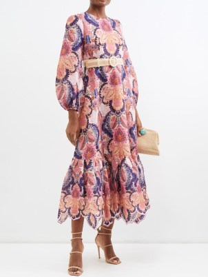 ZIMMERMANN Laurel Billow printed linen midi dress in pink / floral belted scallop hem dresses / tired hemline / long volume sleeves - flipped