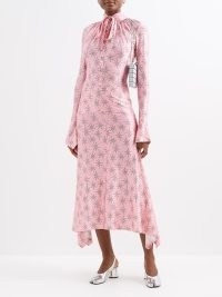 PACO RABANNE Sash-tie floral-print jersey midi dress in pink ~ ladylike occasion fashion ~ romance inspired long sleeved high neck event dresses ~ feminine asymmetric fashion ~ beautiful vintage style clothes