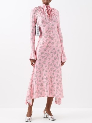 PACO RABANNE Sash-tie floral-print jersey midi dress in pink ~ ladylike occasion fashion ~ romance inspired long sleeved high neck event dresses ~ feminine asymmetric fashion ~ beautiful vintage style clothes - flipped