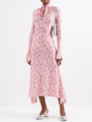 PACO RABANNE Sash-tie floral-print jersey midi dress in pink ~ ladylike occasion fashion ~ romance inspired long sleeved high neck event dresses ~ feminine asymmetric fashion ~ beautiful vintage style clothes