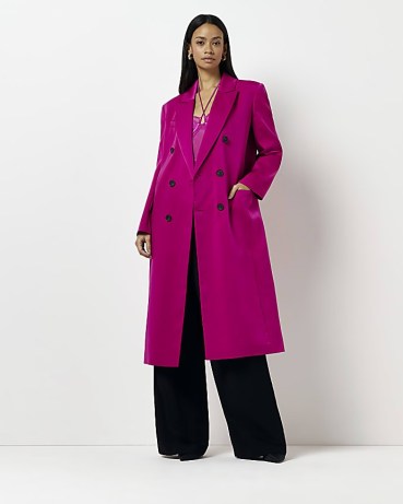 RIVER ISLAND PINK SATIN LONGLINE COAT ~ women’s collared double breasted coats - flipped