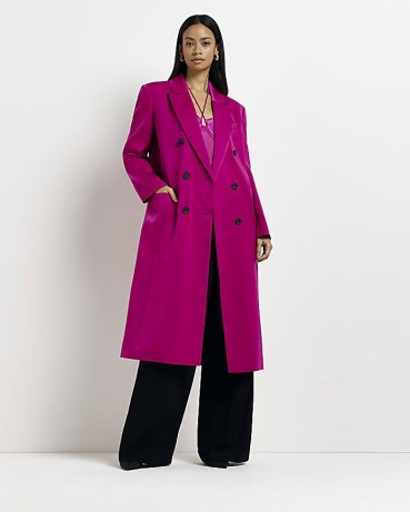 RIVER ISLAND PINK SATIN LONGLINE COAT ~ women’s collared double breasted coats