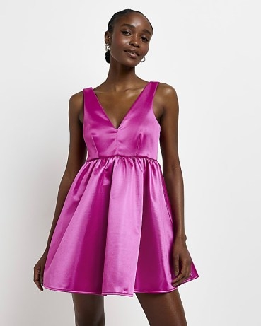 River Island PINK SATIN PLUNGE PROM MINI DRESS | sleeveless plunging fit and flare dresses - flipped