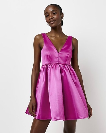 River Island PINK SATIN PLUNGE PROM MINI DRESS | sleeveless plunging fit and flare dresses
