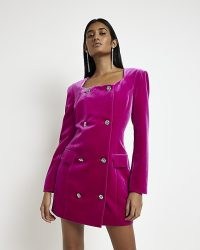 River Island PINK VELVET DOUBLE BREASTED BLAZER DRESS | square neck jacket inspired evening dresses | plush party fashion