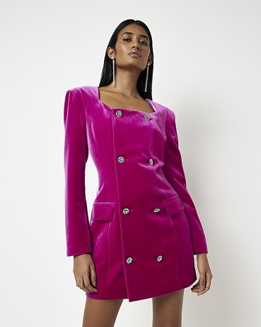 River Island PINK VELVET DOUBLE BREASTED BLAZER DRESS | square neck jacket inspired evening dresses | plush party fashion - flipped
