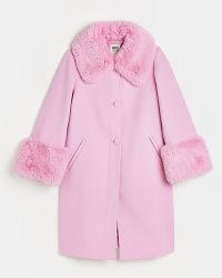 RIVER ISLAND PINK WOOL FAUX FUR DETAIL LONGLINE COAT / feminine winter coats