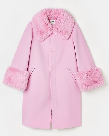 RIVER ISLAND PINK WOOL FAUX FUR DETAIL LONGLINE COAT / feminine winter coats - flipped