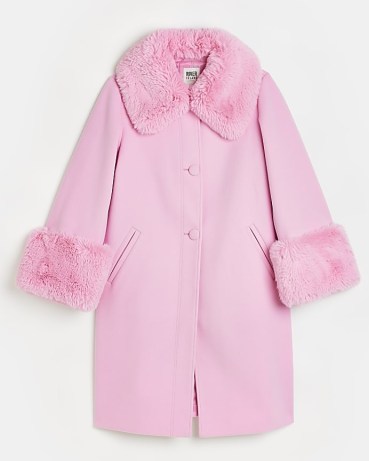 RIVER ISLAND PINK WOOL FAUX FUR DETAIL LONGLINE COAT / feminine winter coats
