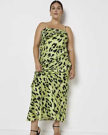 RIVER ISLAND PLUS YELLOW ANIMAL PRINT SLIP MAXI DRESS / strappy plus size evening dresses / cami shoulder strap party fashion / asymmetric ruffle detail / ruffled going out clothes - flipped