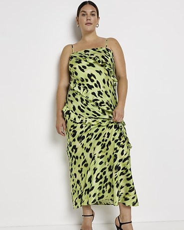 RIVER ISLAND PLUS YELLOW ANIMAL PRINT SLIP MAXI DRESS / strappy plus size evening dresses / cami shoulder strap party fashion / asymmetric ruffle detail / ruffled going out clothes