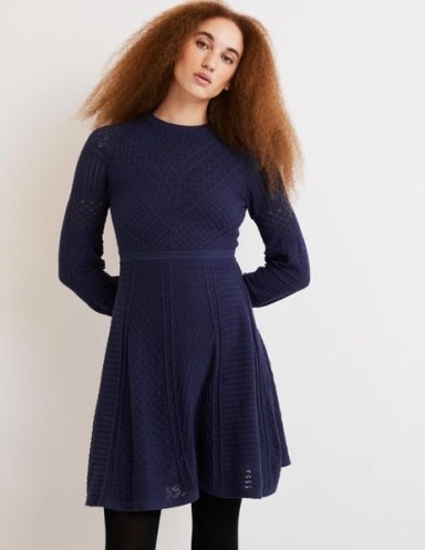 Boden Pointelle Knitted Mini Dress in Night Blue | women’s navy long sleeved fit and flare dresses | womens stylish winter wardrobe staples | knitwear fashion - flipped