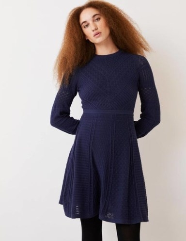 Boden Pointelle Knitted Mini Dress in Night Blue | women’s navy long sleeved fit and flare dresses | womens stylish winter wardrobe staples | knitwear fashion