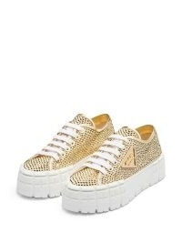 Prada Double Wheel studded sneakers in gold tone ~ women’s stud covered platform trainers ~ chunky sports luxe shoes