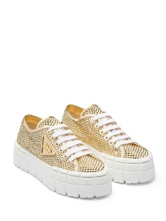 Prada Double Wheel studded sneakers in gold tone ~ women’s stud covered platform trainers ~ chunky sports luxe shoes - flipped
