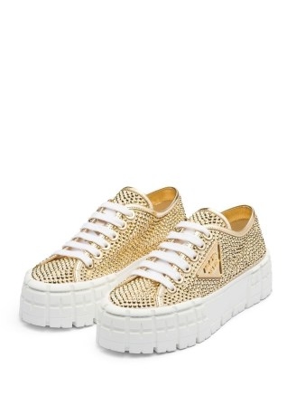Prada Double Wheel studded sneakers in gold tone ~ women’s stud covered platform trainers ~ chunky sports luxe shoes