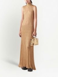 Prada lamé turtleneck maxi dress in gold tone ~ sleeveless metallic high neck rib knit dresses ~ luxe evening fashion