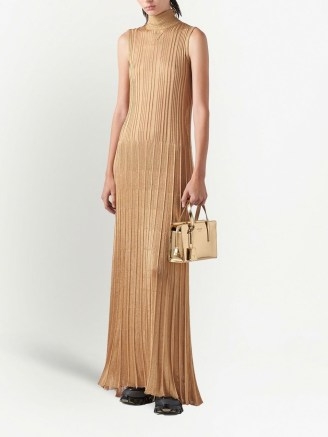 Prada lamé turtleneck maxi dress in gold tone ~ sleeveless metallic high neck rib knit dresses ~ luxe evening fashion