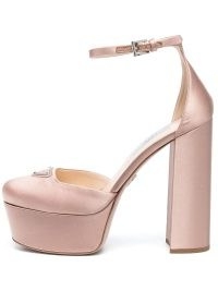 Prada logo-plaque platform pumps in light pink / luxe round toe block heel ankle strap platforms / luxury retro style shoes
