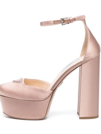 Prada logo-plaque platform pumps in light pink / luxe round toe block heel ankle strap platforms / luxury retro style shoes