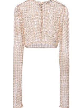 Prada pearl-embellished mesh top in ivory white – luxe long sleeve crop tops covered in pearls – chic cropped occasion fashion - flipped