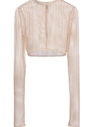 Prada pearl-embellished mesh top in ivory white – luxe long sleeve crop tops covered in pearls – chic cropped occasion fashion