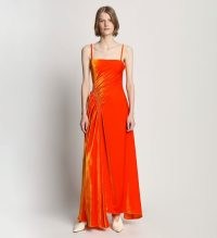 Proenza Schouler Silk Viscose Velvet Gathered Dress in Orange / vibrant slender shoulder strap maxi dresses / asymmetric hemline