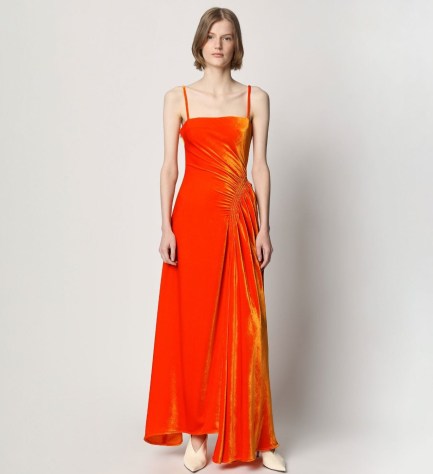 Proenza Schouler Silk Viscose Velvet Gathered Dress in Orange / vibrant slender shoulder strap maxi dresses / asymmetric hemline - flipped