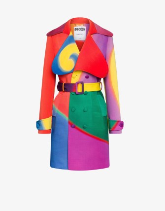 MOSCHINO PROJECTION PRINT WOOL CANVAS TRENCH COAT MULTICOLOURED | bold colour block belted coats - flipped