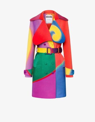 MOSCHINO PROJECTION PRINT WOOL CANVAS TRENCH COAT MULTICOLOURED | bold colour block belted coats