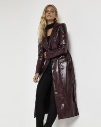 River Island PURPLE ANIMAL PRINT VINYL LONGLINE COAT | high shine tie waist reto inspired coats | women’s vintage inspired fashion