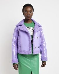 RIVER ISLAND PURPLE BORG CROPPED AVIATOR JACKET / faux shearling trimmed jackets