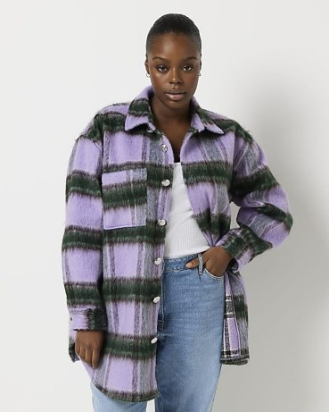 RIVER ISLAND PURPLE CHECK OVERSIZED SHACKET / women’s checked curved hem shackets / womens plus size overshirts / womens casual fashion - flipped