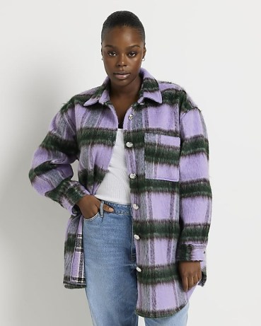 RIVER ISLAND PURPLE CHECK OVERSIZED SHACKET / women’s checked curved hem shackets / womens plus size overshirts / womens casual fashion