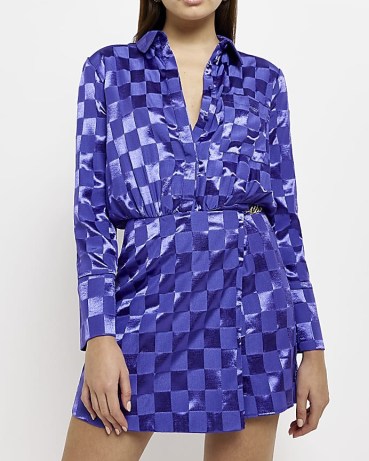 RIVER ISLAND PURPLE CHECK SATIN PLAYSUIT / women’s checked playsuits