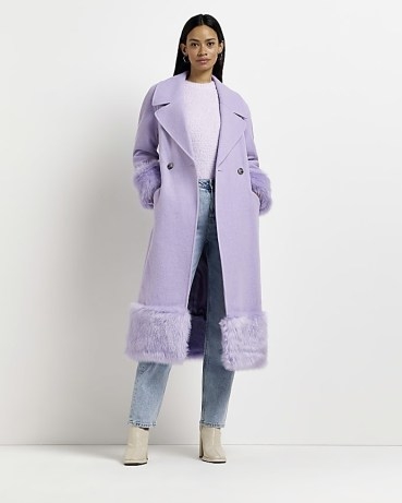RIVER ISLAND PURPLE FAUX FUR TRIM LONGLINE COAT ~ women’s luxe style winter coats ~ tie waist belt ~ fluffy trims - flipped