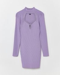 RIVER ISLAND PURPLE KNIT EMBELLISHED BODYCON MINI DRESS ~ long sleeve high neck cut out front evening dresses ~ sweetheart neckline gong out fashion