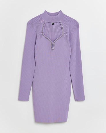 RIVER ISLAND PURPLE KNIT EMBELLISHED BODYCON MINI DRESS ~ long sleeve high neck cut out front evening dresses ~ sweetheart neckline gong out fashion - flipped