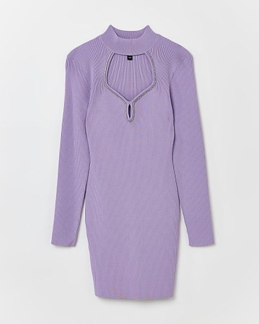 RIVER ISLAND PURPLE KNIT EMBELLISHED BODYCON MINI DRESS ~ long sleeve high neck cut out front evening dresses ~ sweetheart neckline gong out fashion