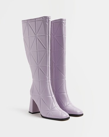 RIVER ISLAND PURPLE QUILTED HEELED KNEE HIGH BOOTS ~ retro inspired block heeled footwear - flipped