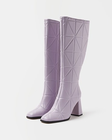RIVER ISLAND PURPLE QUILTED HEELED KNEE HIGH BOOTS ~ retro inspired block heeled footwear