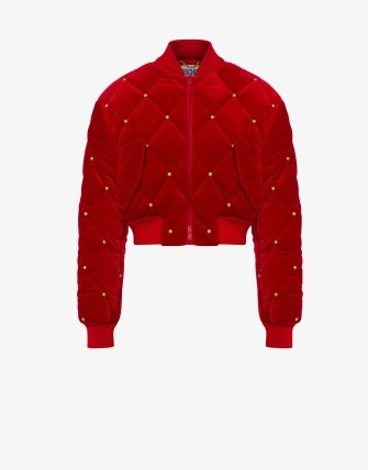 MOSCHINO QUILTED VELVET BOMBER JACKET RED | luxe cropped stud embellished jackets - flipped