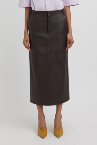 CAMILLA AND MARC Ramone Leather Midi Skirt in Chocolate Brown | women’s luxe minimalist skirts - flipped