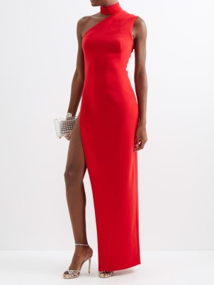 MONOT Asymmetric side-slit crepe gown in red ~ sleeveless high cuffed neck occasion gowns ~ evening occasion glamour ~ event maxi dresses with daring split - flipped