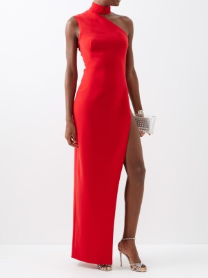 MONOT Asymmetric side-slit crepe gown in red ~ sleeveless high cuffed neck occasion gowns ~ evening occasion glamour ~ event maxi dresses with daring split
