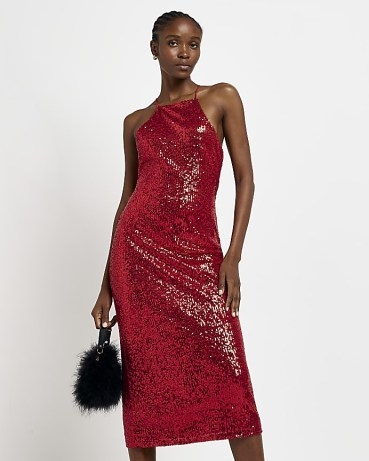 River Island RED SEQUIN HALTER NECK SLIP MIDI DRESS | glittering party fashion | strappy sequinned evening dresses - flipped