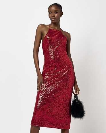 River Island RED SEQUIN HALTER NECK SLIP MIDI DRESS | glittering party fashion | strappy sequinned evening dresses
