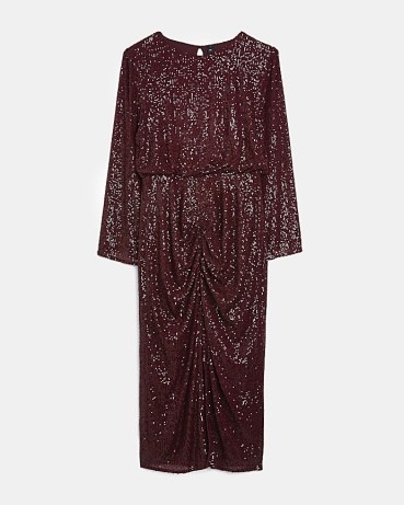 RIVER ISLAND RED SEQUIN LONG SLEEVE SHIFT MIDI DRESS ~ women’s sequinned evening dresses ~ womens glittering party fashion ~ split hem ~ ruched detail - flipped